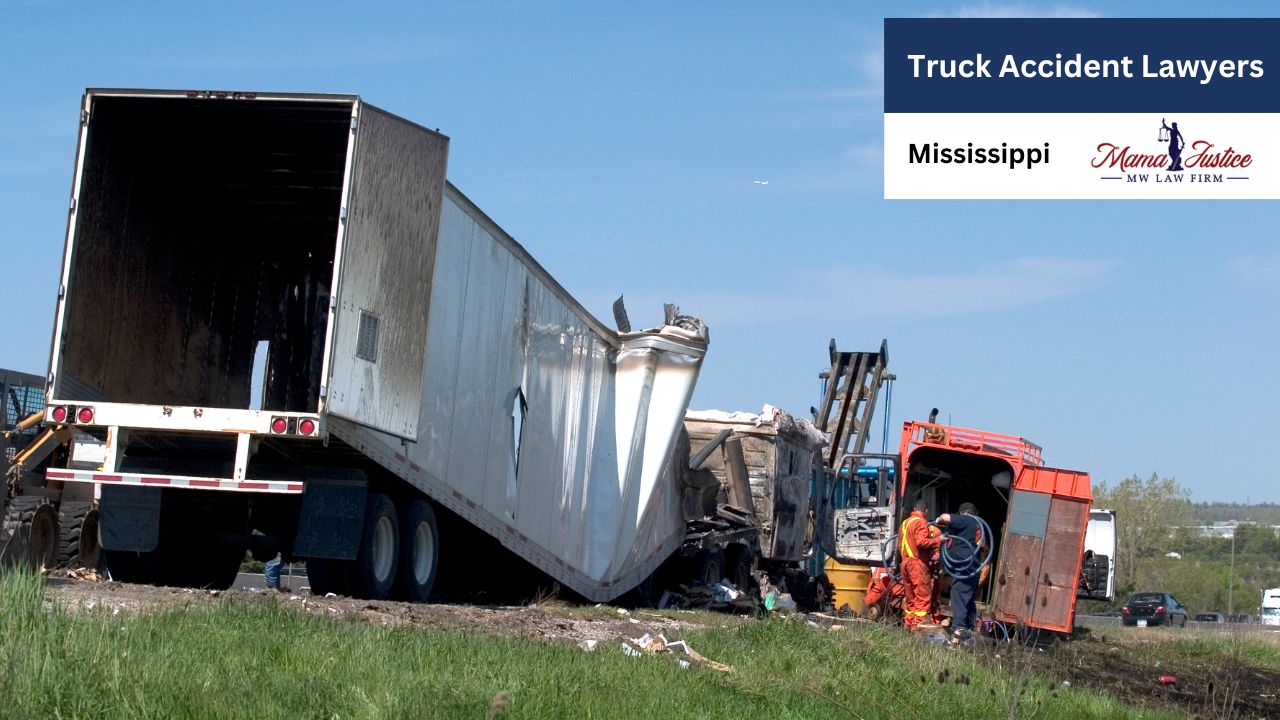 The image shows the aftermath of a severe truck accident with emergency personnel on the scene.