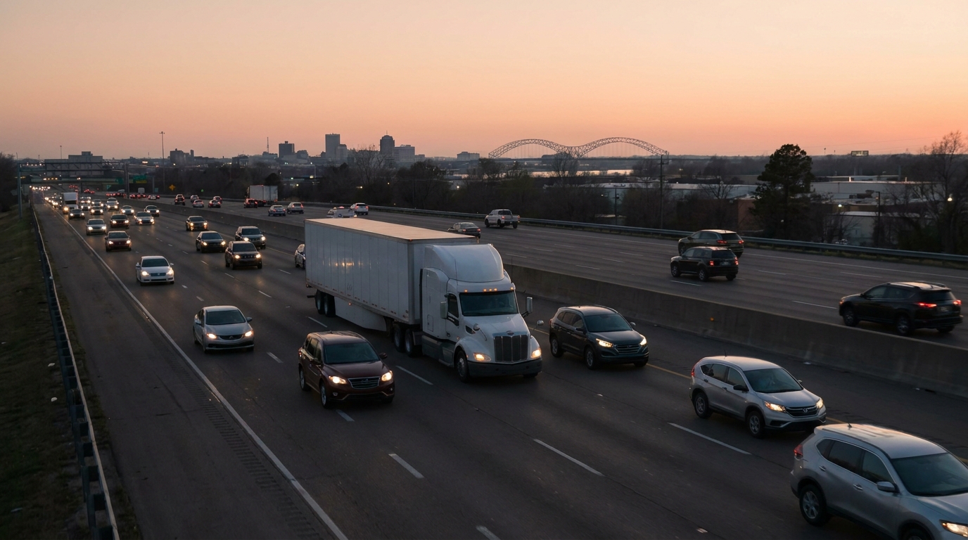 Semi truck and cars traveling on multi-lane highway near city skyline