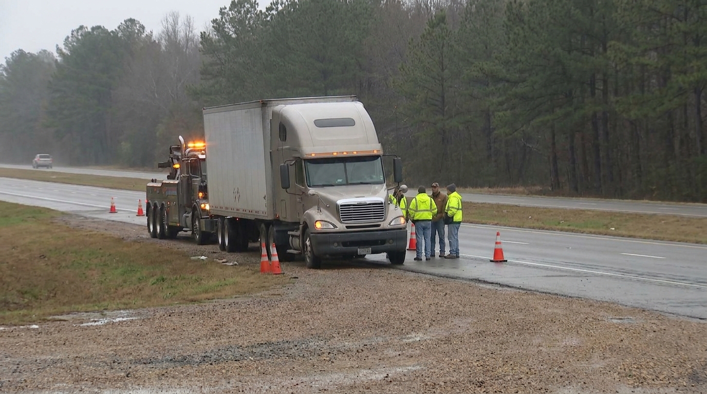 Disabled semi truck beside tow truck and traffic cones on roadside