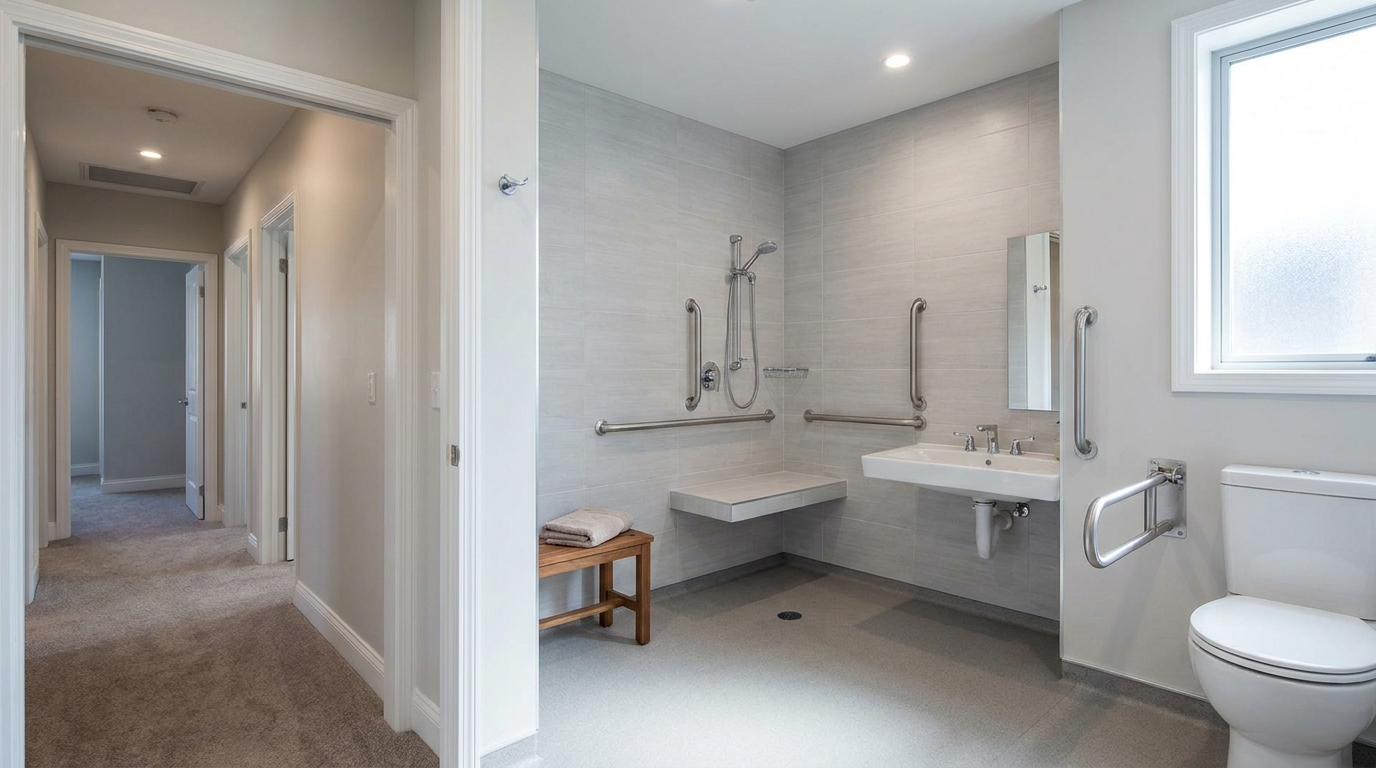 Accessible bathroom with grab bars, walk-in shower bench, wall-mounted sink, and toilet