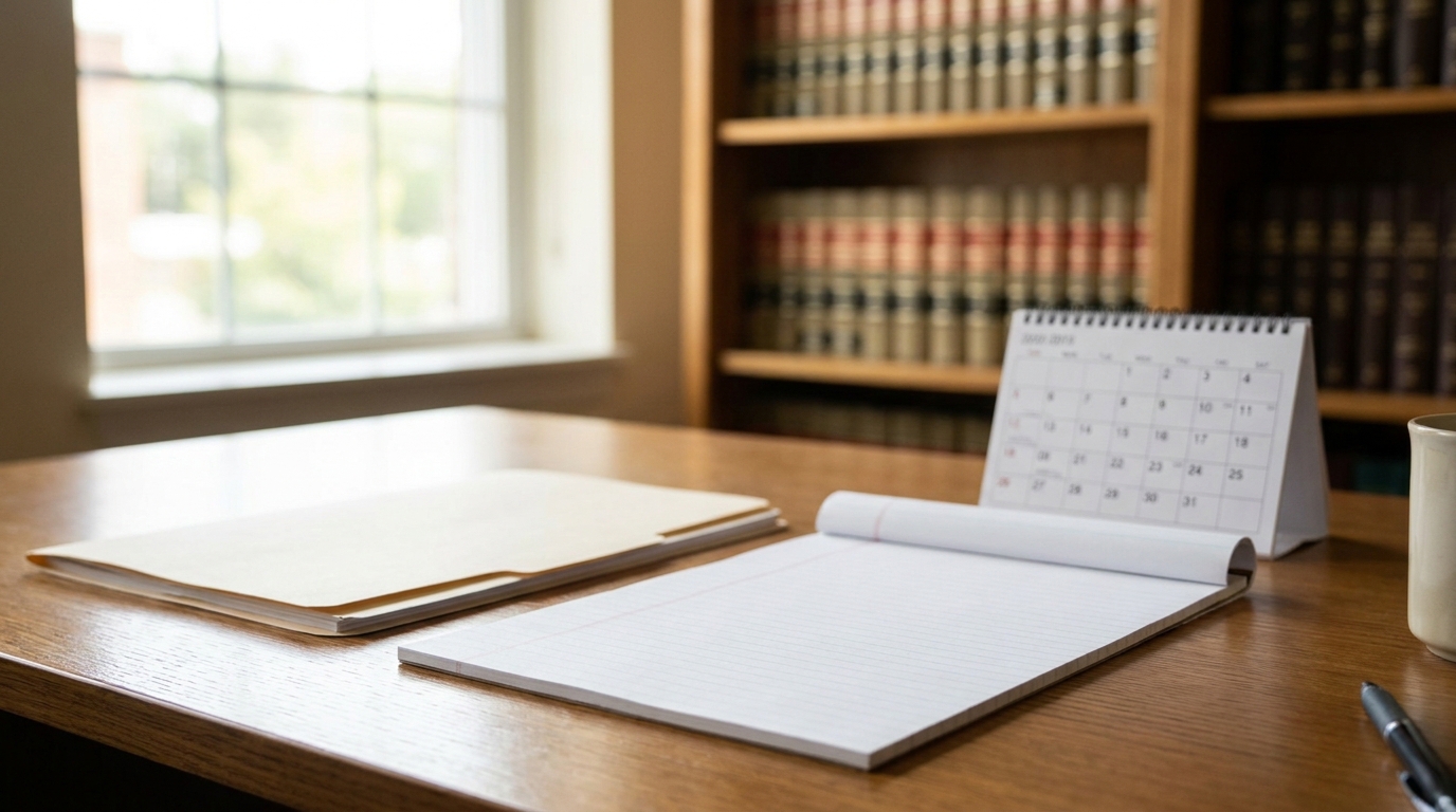 Desk with notepad, file folder, and calendar before law book shelves