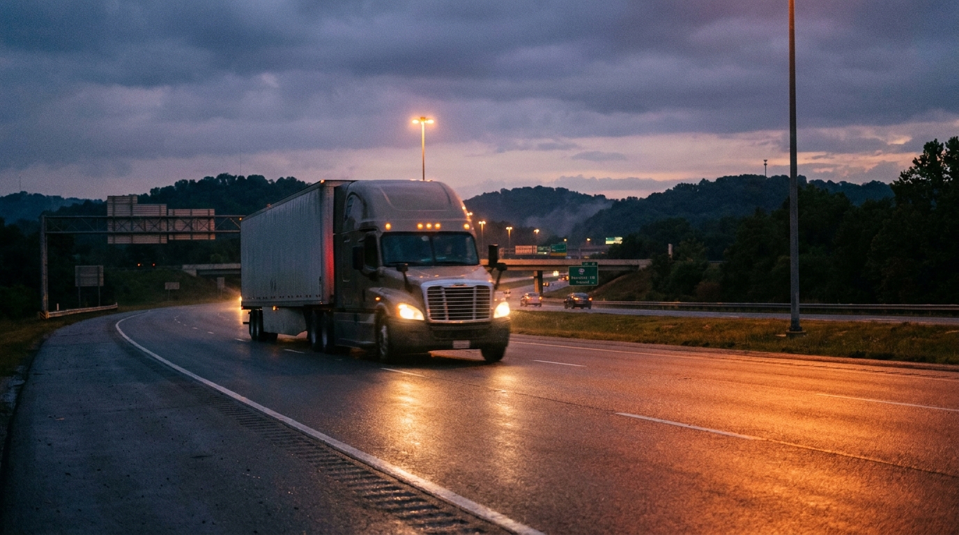 Semi-truck driving on wet highway at dusk beneath streetlights and cloudy sky