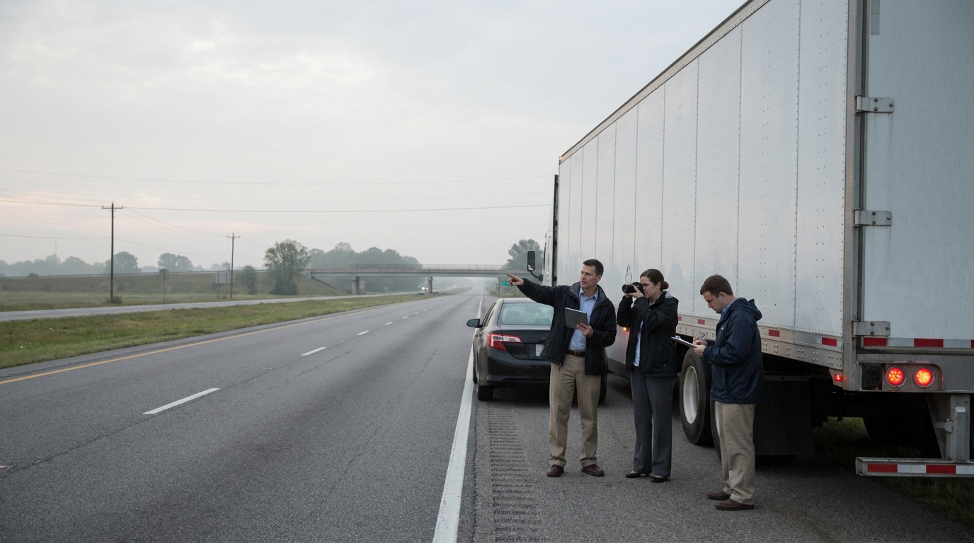 Investigators examining roadside truck and sedan, with camera and clipboard beside highway