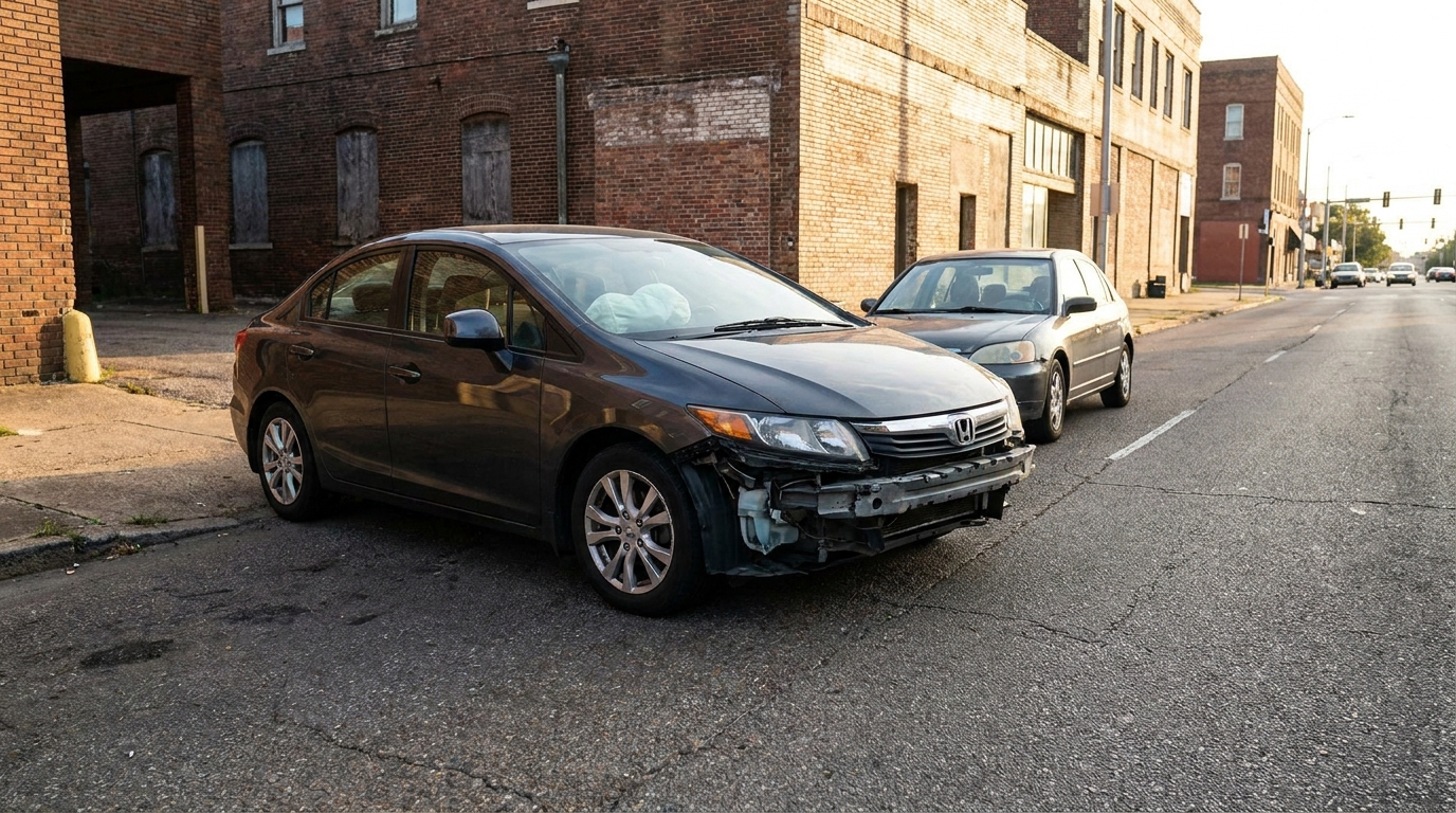 Honda sedan with deployed airbags and severe front bumper damage on urban street