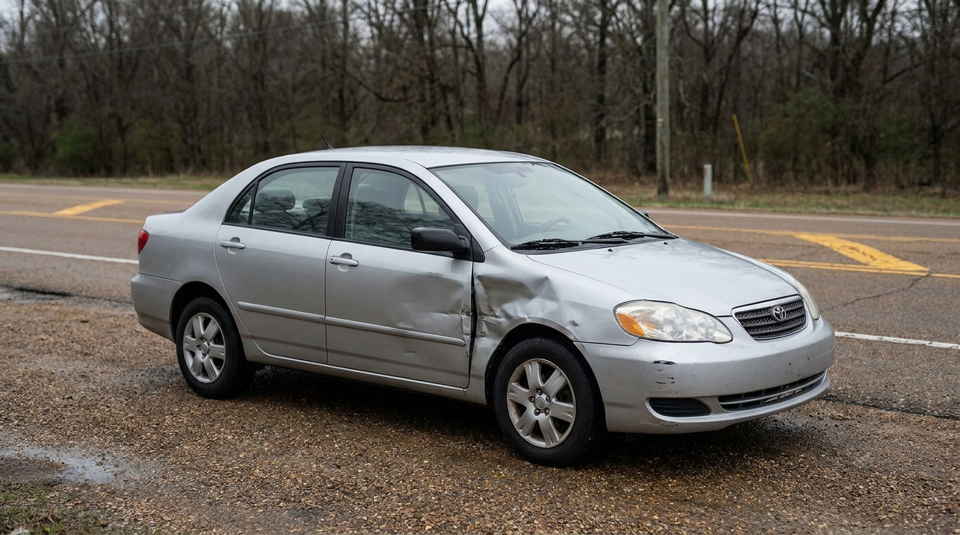 Toyota Corolla sedan with visible front door collision damage parked roadside