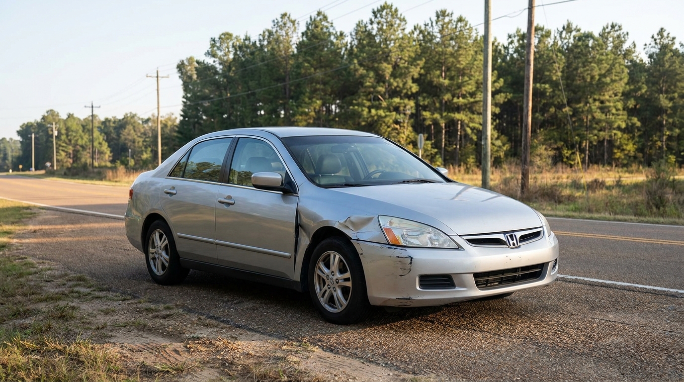 Honda Accord sedan with front-end collision damage parked on rural roadside
