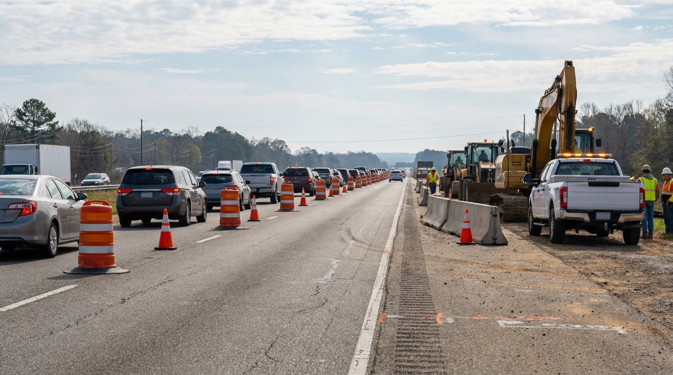 Highway construction zone with traffic barrels, excavator, pickup trucks, and road workers