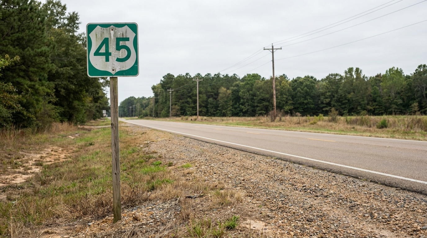 US Route 45 highway sign posted along rural two-lane road with trees