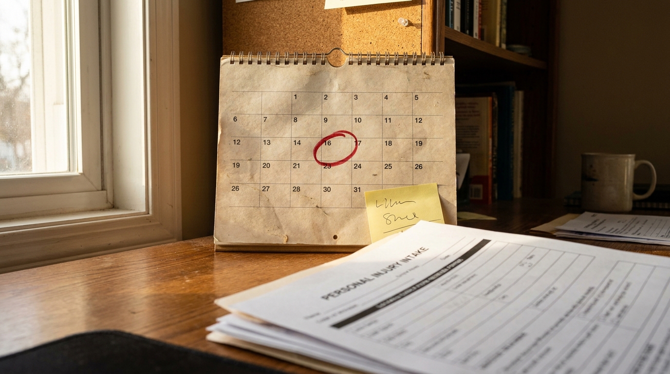Personal injury intake form on desk beside calendar with circled date