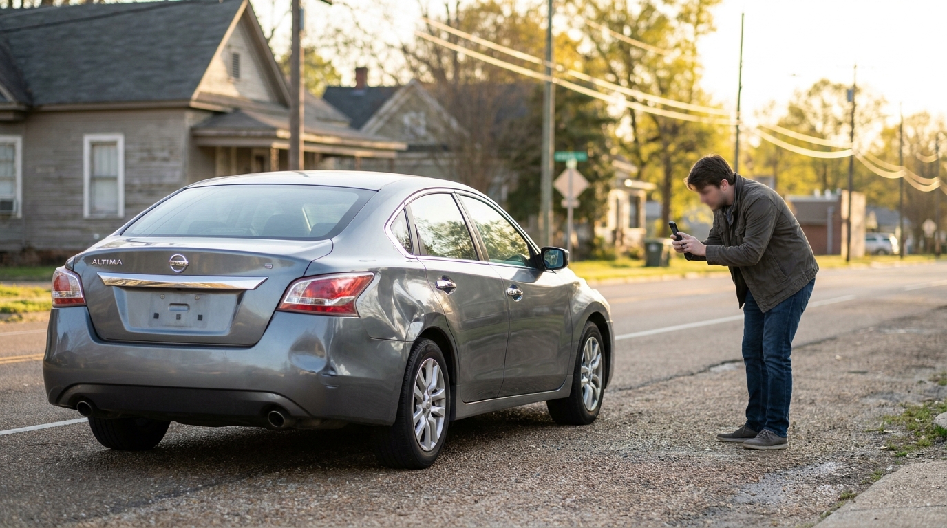 man photographing dented rear quarter panel of Nissan Altima on roadside