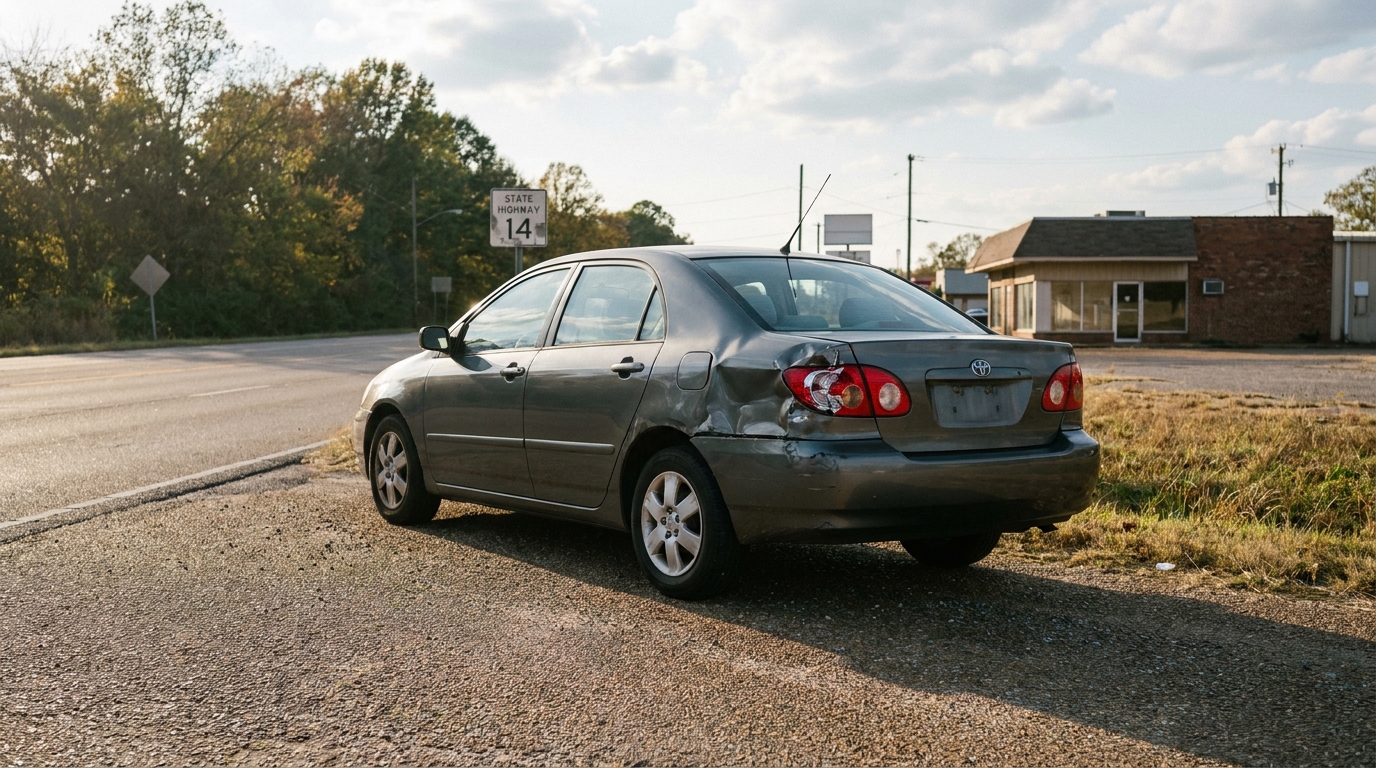 Toyota sedan with rear-end collision damage parked near State Highway 14 sign
