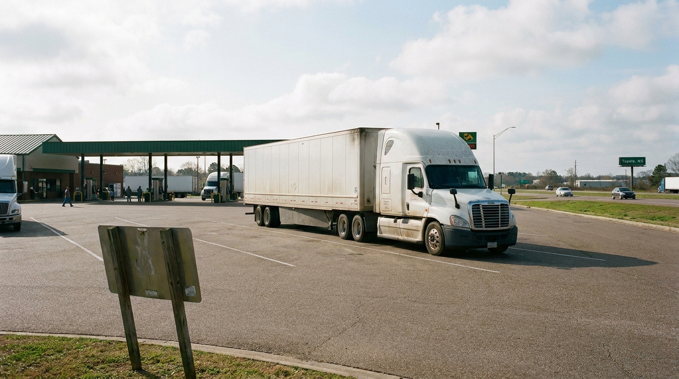 semi-truck with trailer pulling through commercial truck stop near Tupelo MS