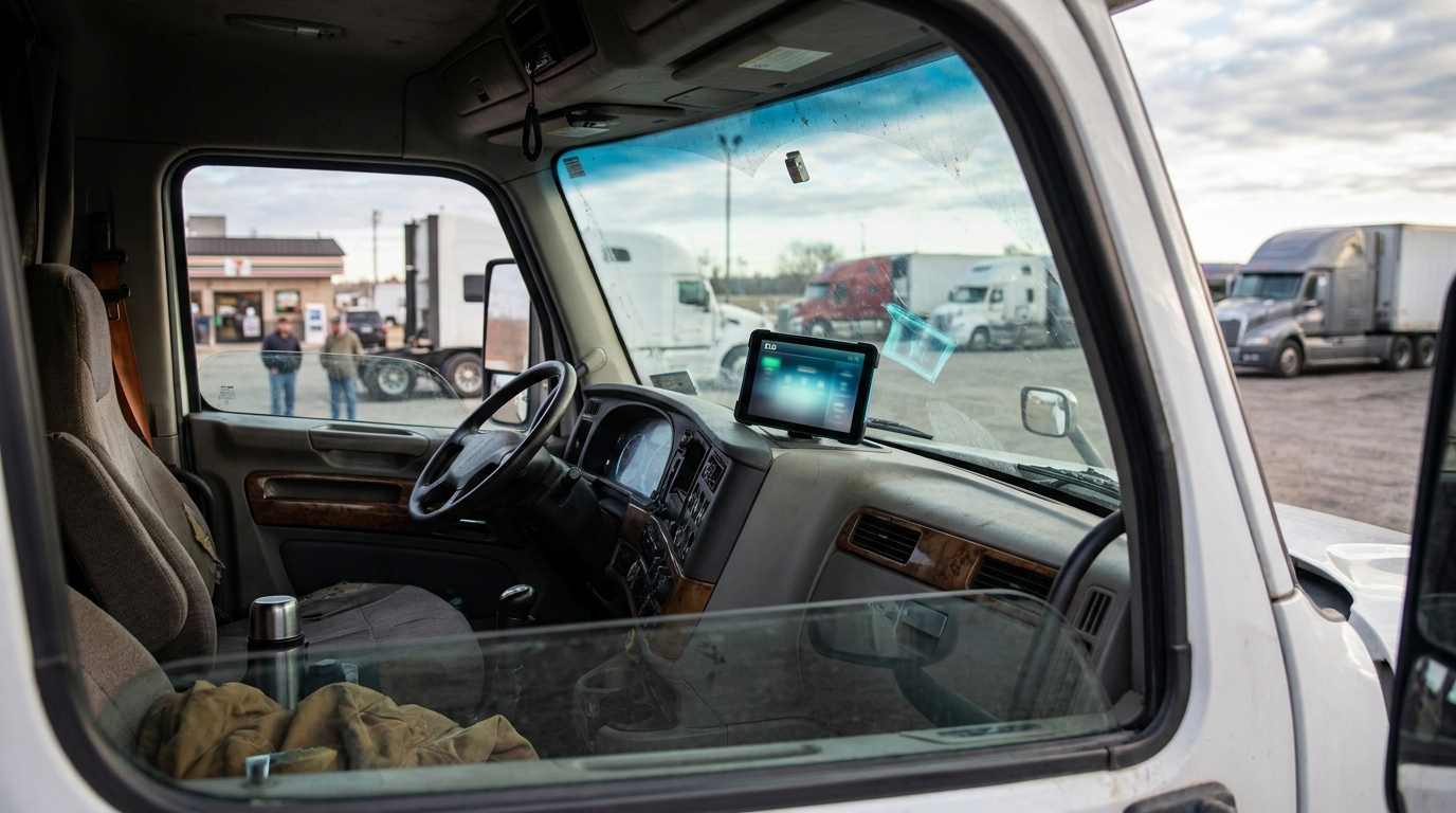 commercial truck cab interior with ELD tablet mounted on dashboard at truck stop