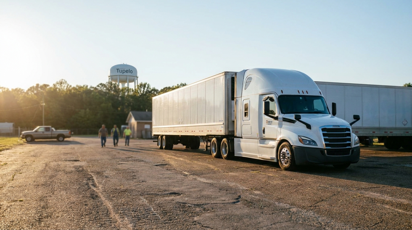 semi-truck with trailer parked near Tupelo water tower with workers nearby