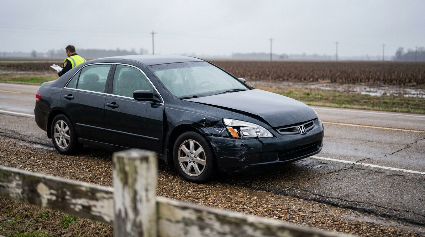 damaged Honda sedan on roadside with officer writing report after collision