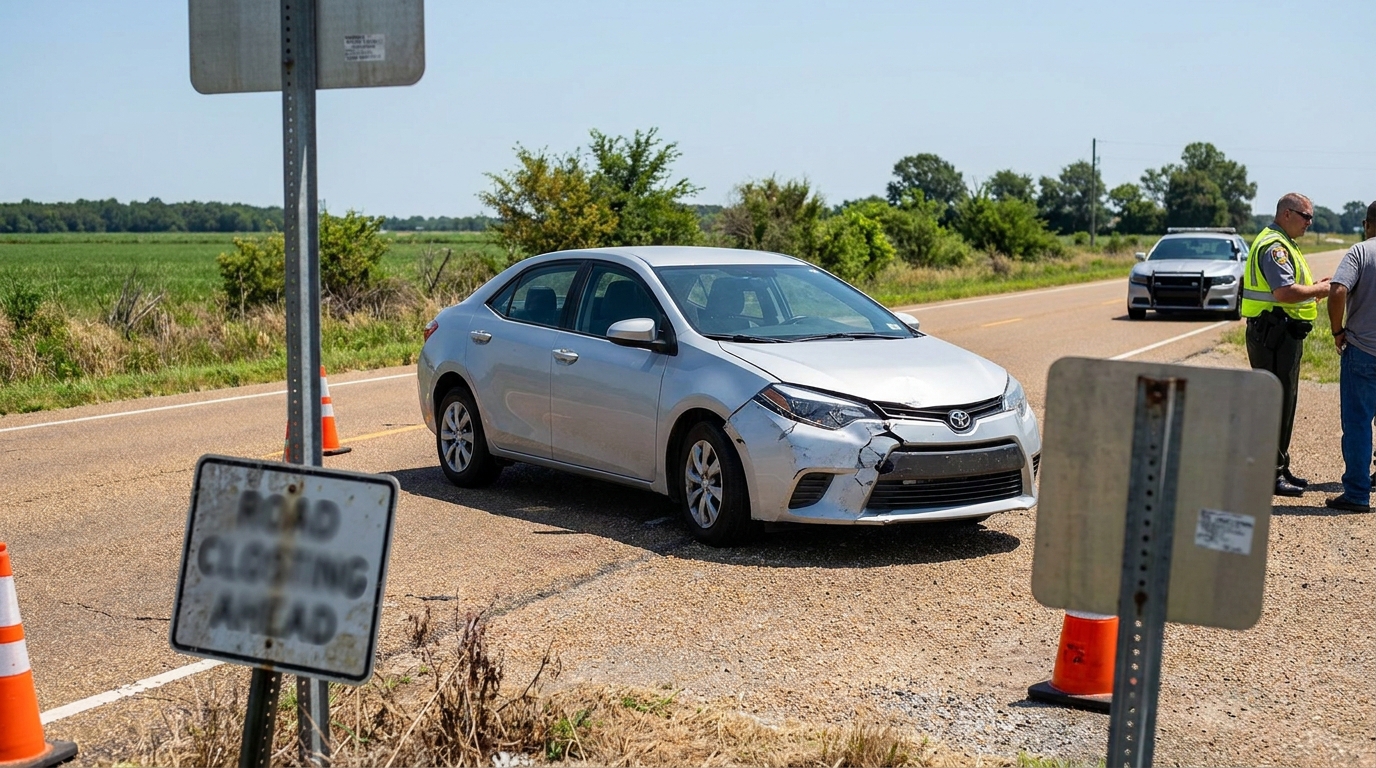 damaged Toyota sedan at road closure scene with officer and traffic cones