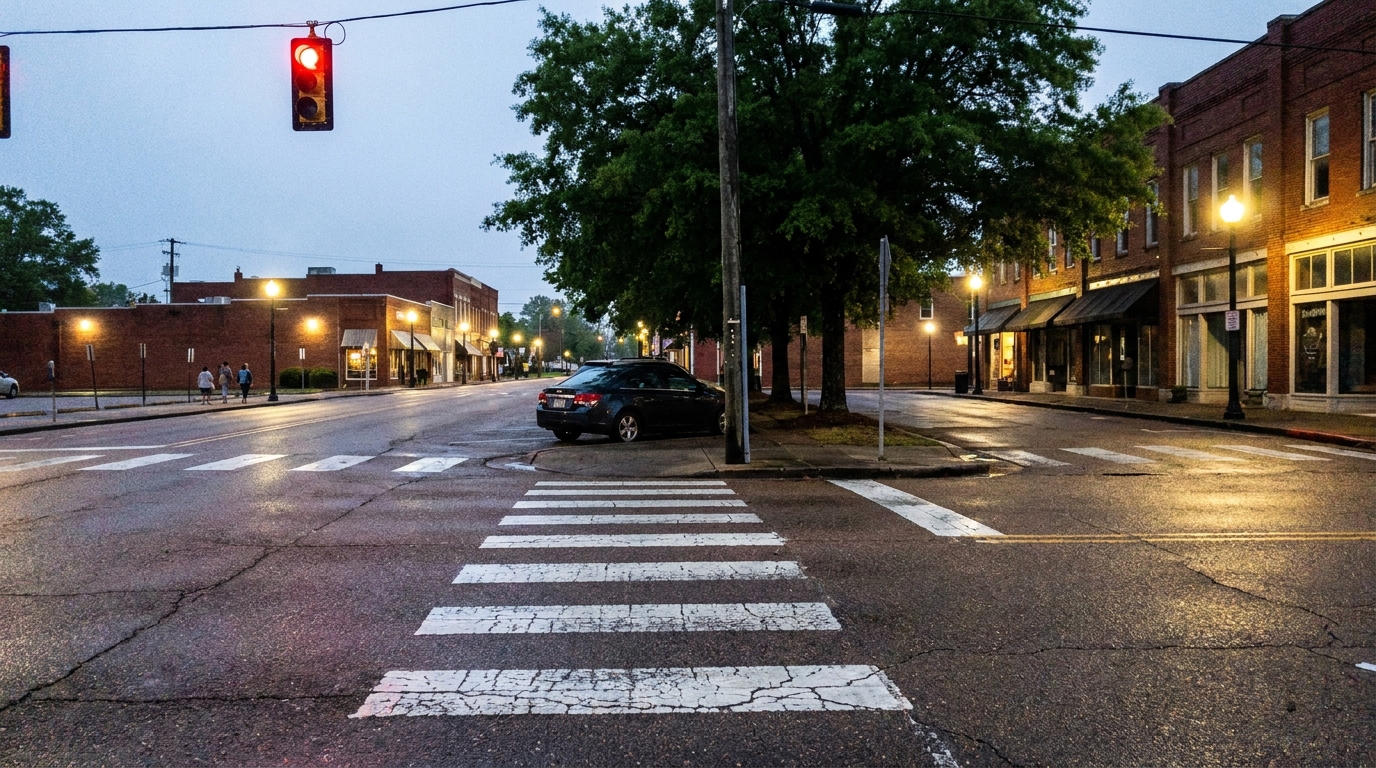 Crosswalk, red traffic light, and parked car at downtown street intersection