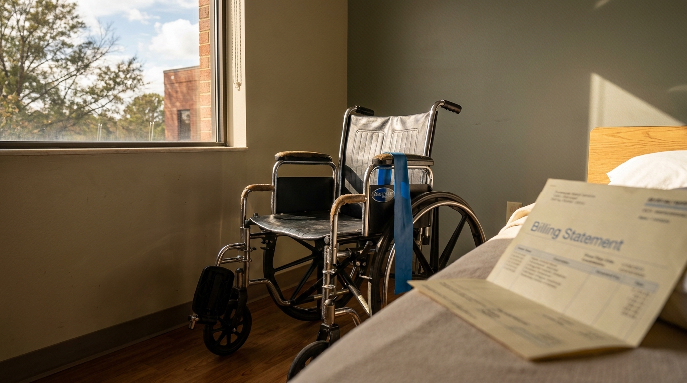 empty wheelchair beside hospital bed with medical billing statement document