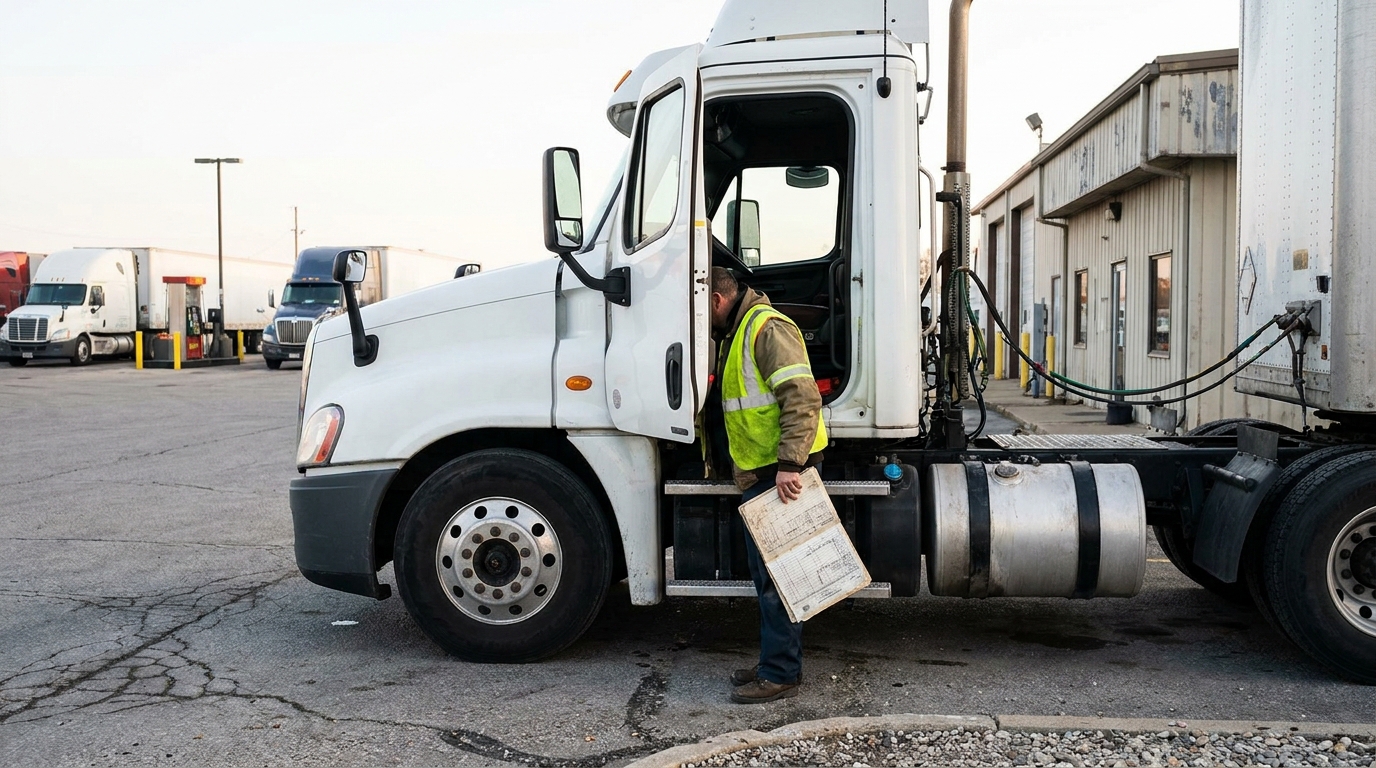 truck driver in safety vest exiting semi-truck cab holding document at commercial lot