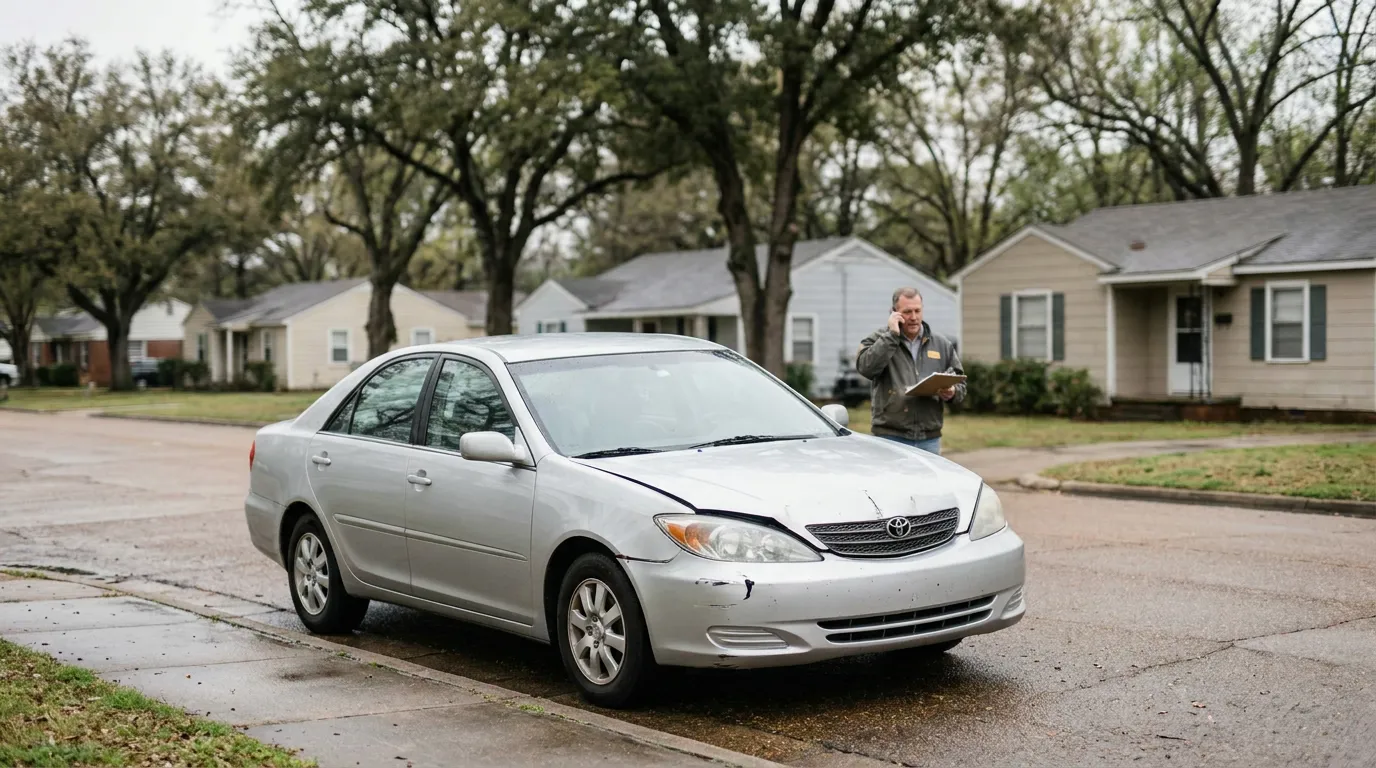 damaged sedan with crumpled hood parked on street while man holds clipboard on phone