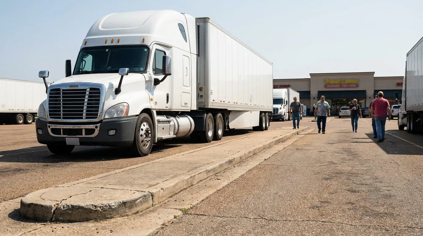 Freightliner semi-truck with trailer parked at commercial truck stop with pedestrians nearby