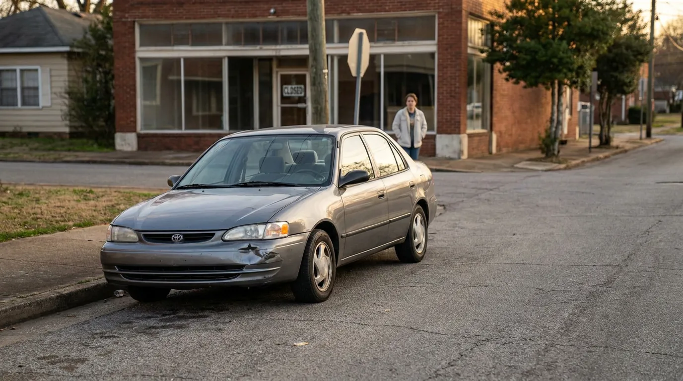 Toyota sedan with front bumper damage parked on urban street corner