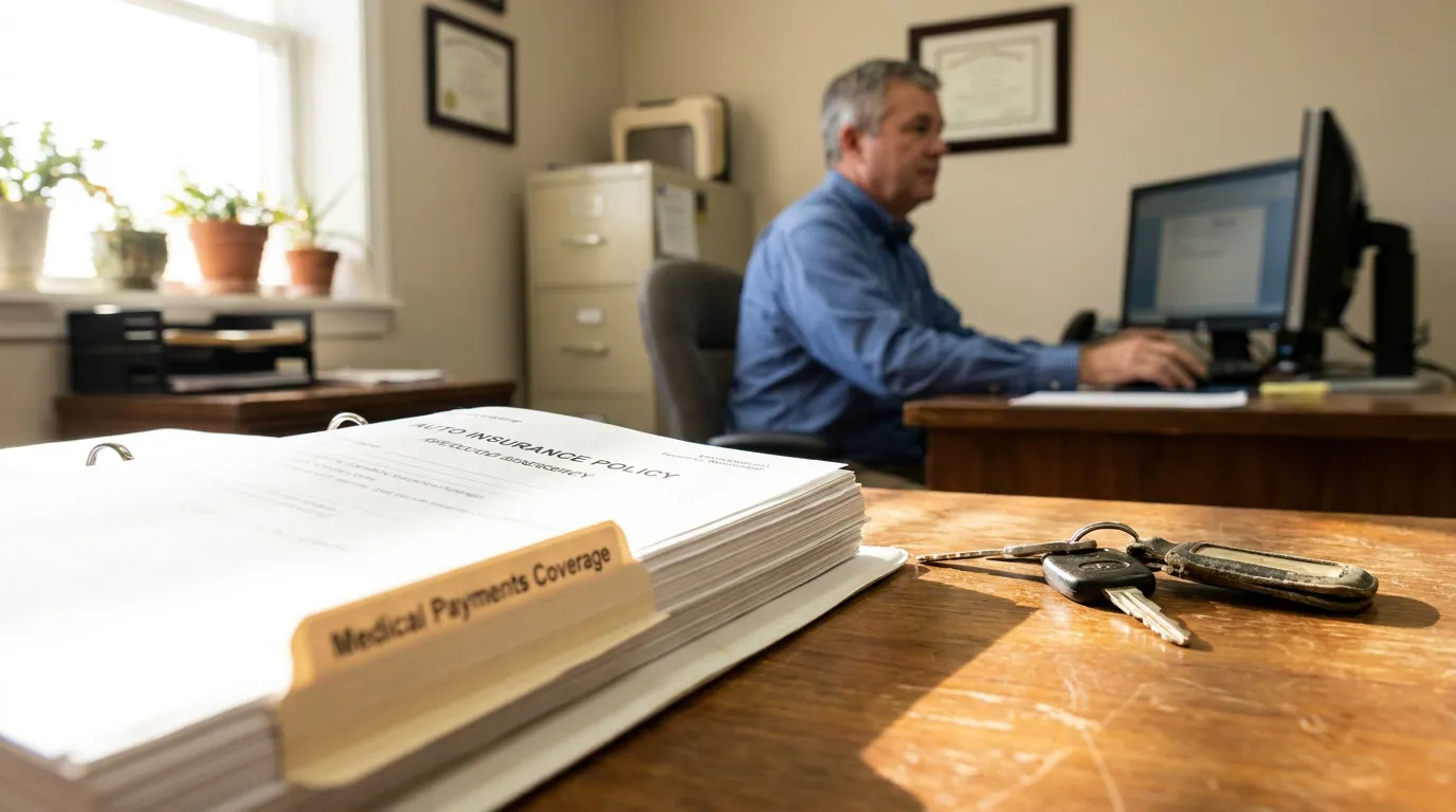 auto insurance policy binder with medical payments coverage tab and car keys on desk