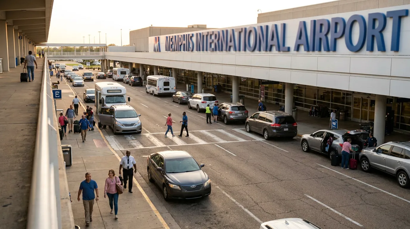 Memphis International Airport terminal exterior with vehicles and pedestrians at curbside