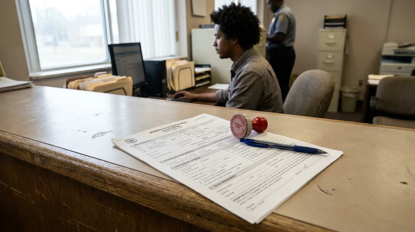 Memphis Police Department crash report form with stamp and pen on counter