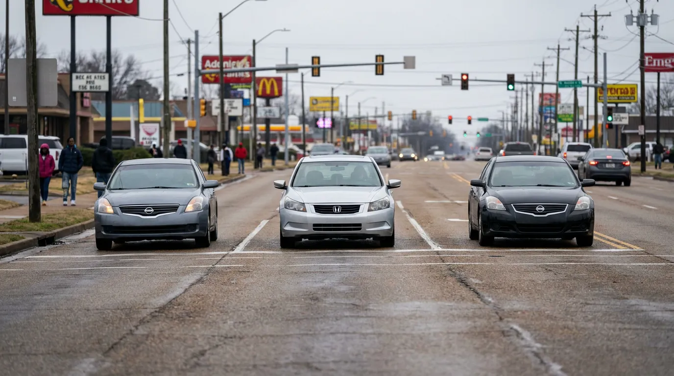 multiple vehicles stopped at busy urban intersection with traffic signals and pedestrians
