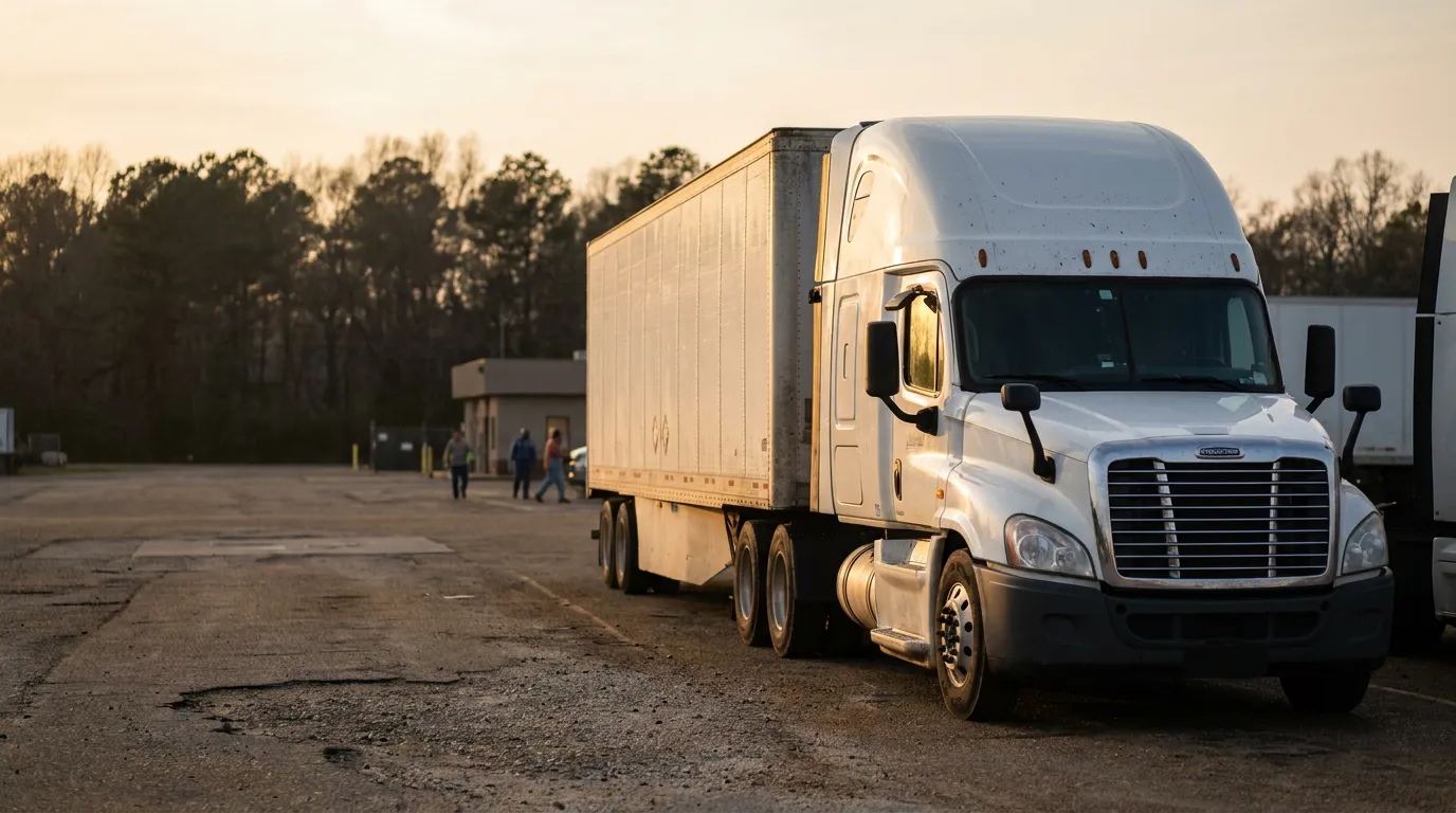 Freightliner semi-truck with trailer parked in commercial lot near small building