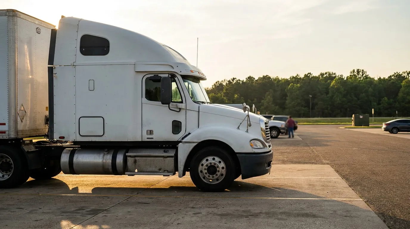 semi-truck with trailer parked at rest stop alongside other vehicles