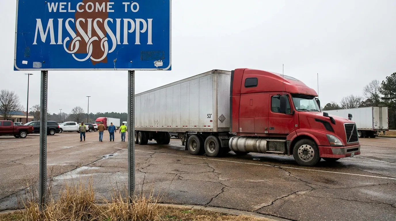 Welcome to Mississippi state sign beside semi-truck at highway rest stop