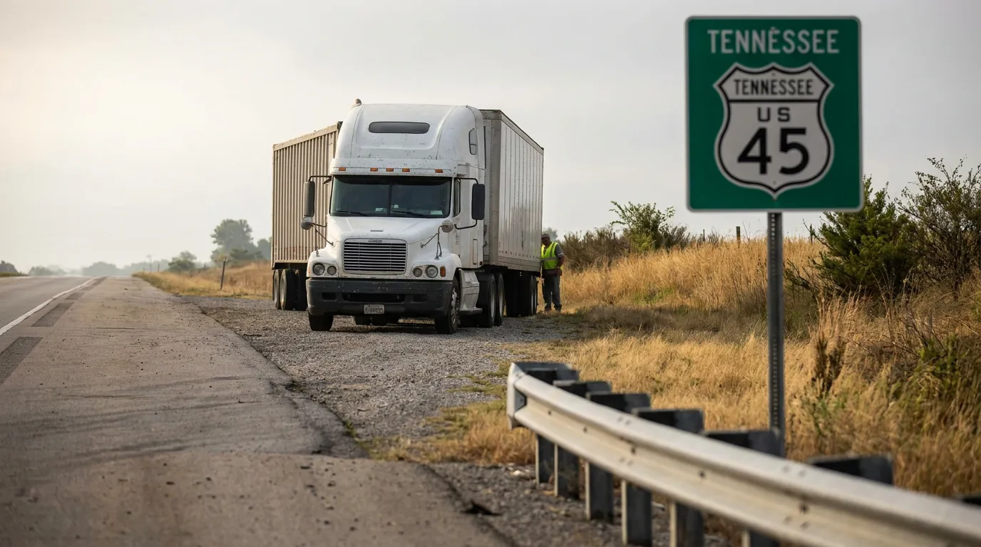 semi-truck pulled over on Tennessee US 45 highway shoulder near worker