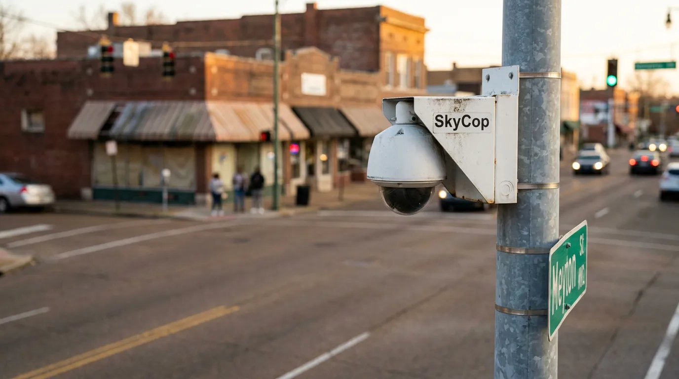 SkyCop surveillance camera mounted on street pole at urban intersection