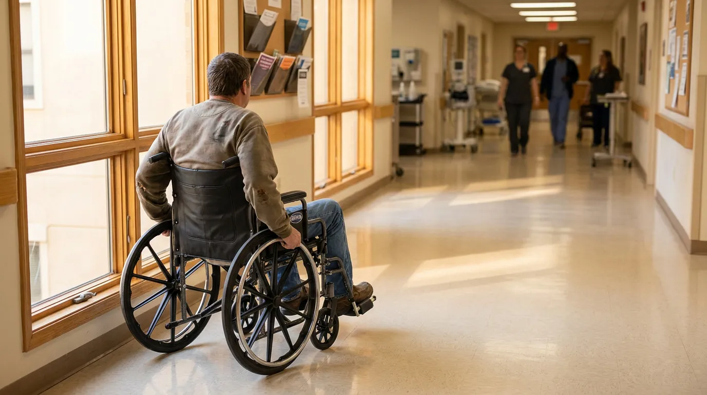 man seated in wheelchair facing window along hospital corridor with medical staff