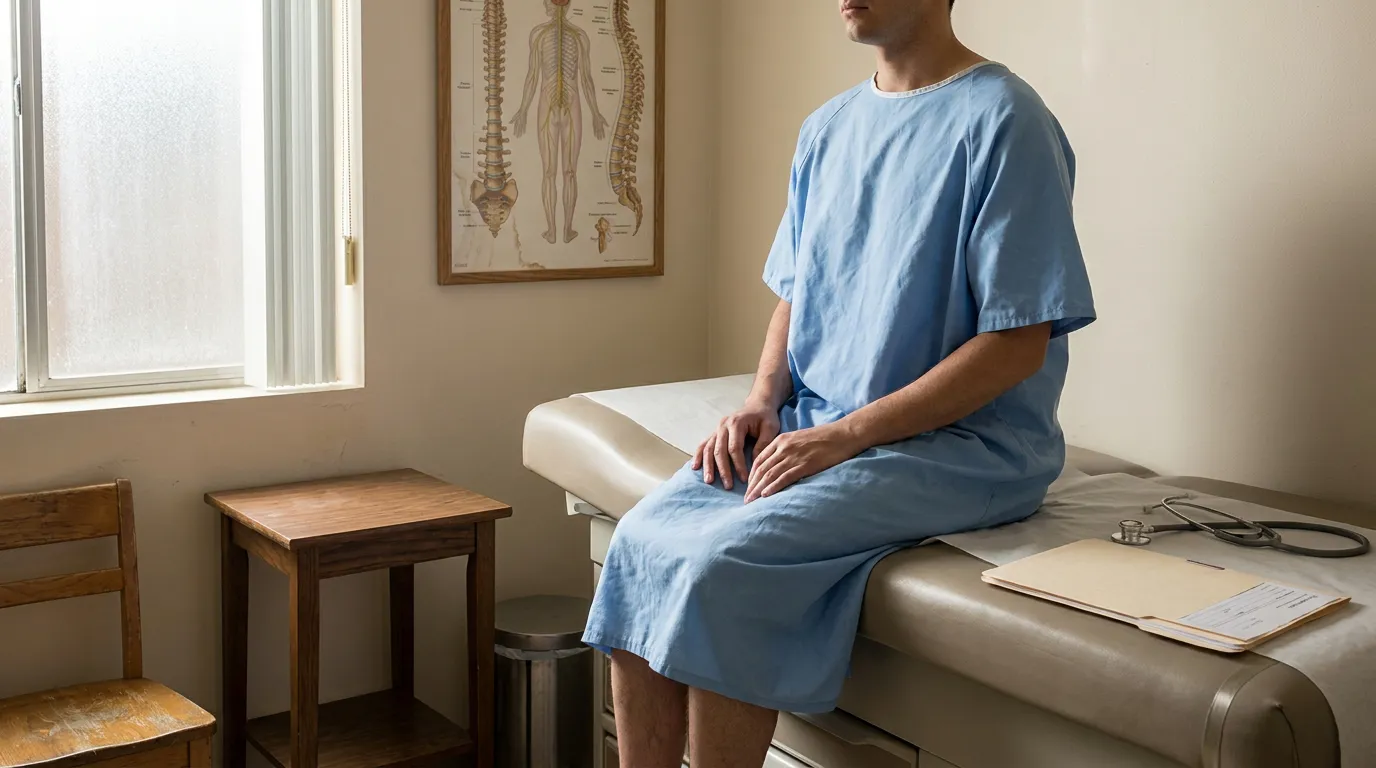 patient in hospital gown seated on medical exam table with stethoscope and file folder nearby
