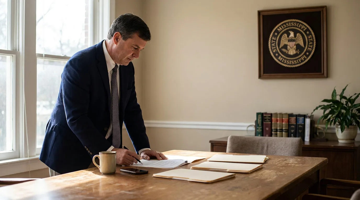 attorney reviewing legal documents at desk beneath Mississippi State seal