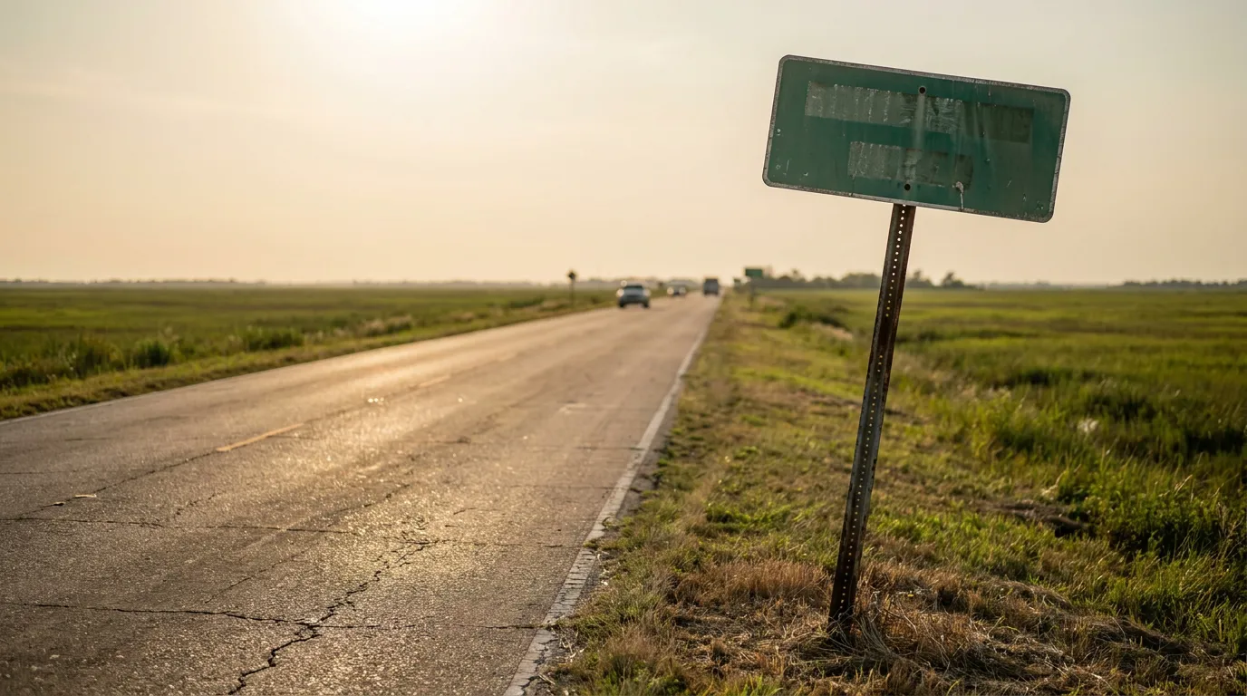 damaged road sign leaning roadside on cracked rural highway with passing vehicles