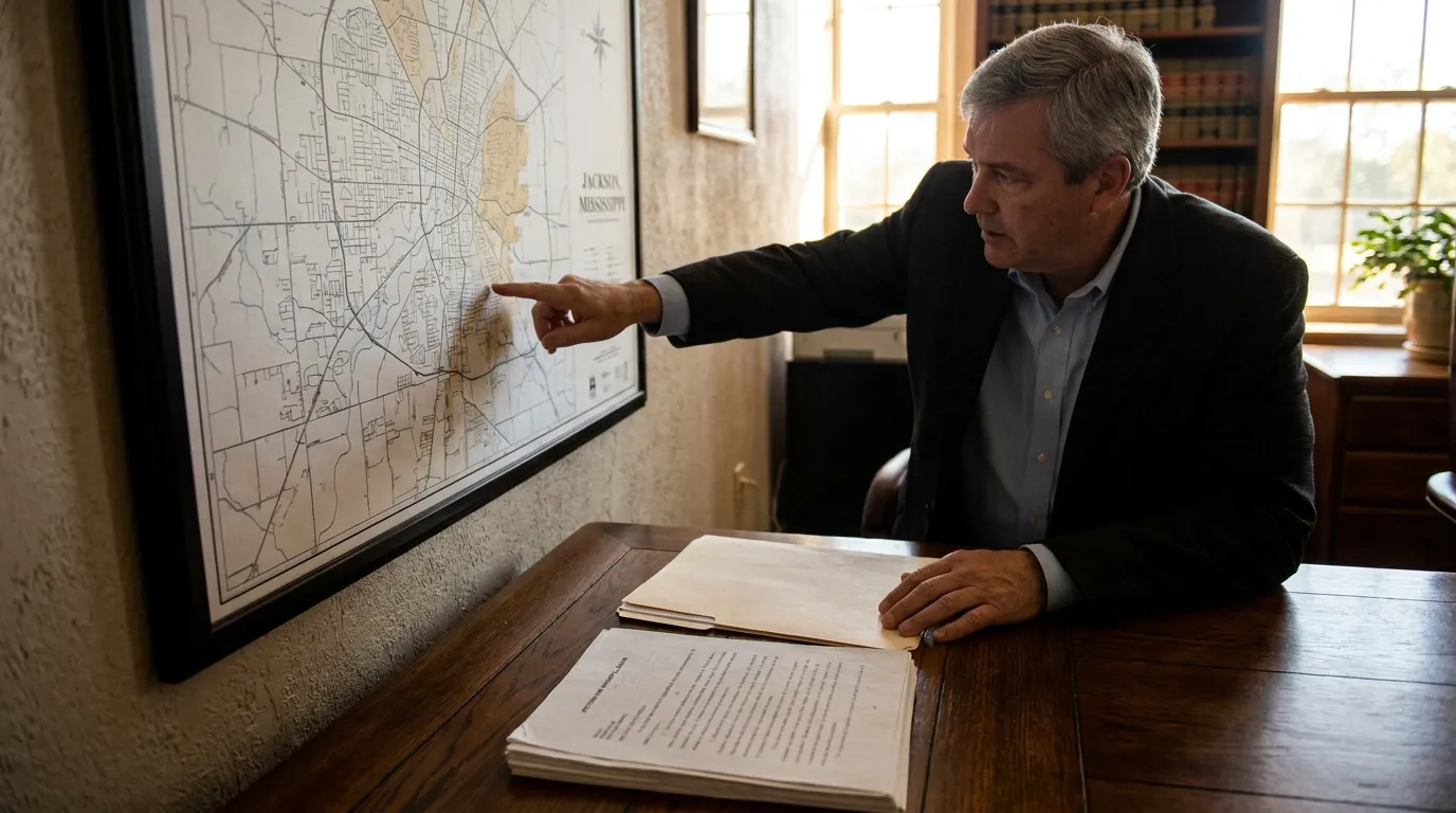 attorney pointing at Jackson Mississippi map with legal documents on desk
