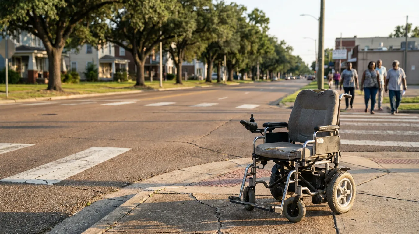 unoccupied power wheelchair parked on sidewalk near street crosswalk with pedestrians