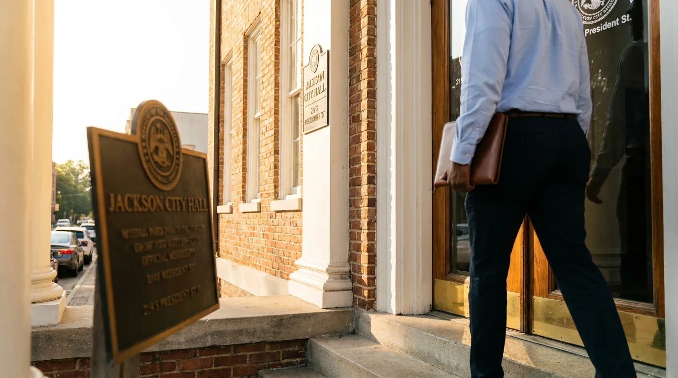 professional carrying briefcase entering Jackson City Hall brick building