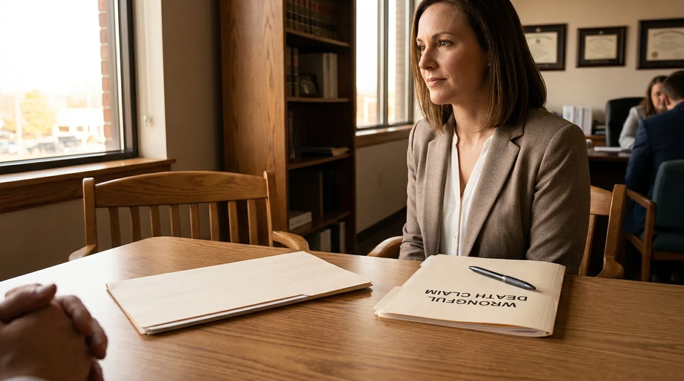 attorney seated at conference table with Wrongful Death Claim folder and pen