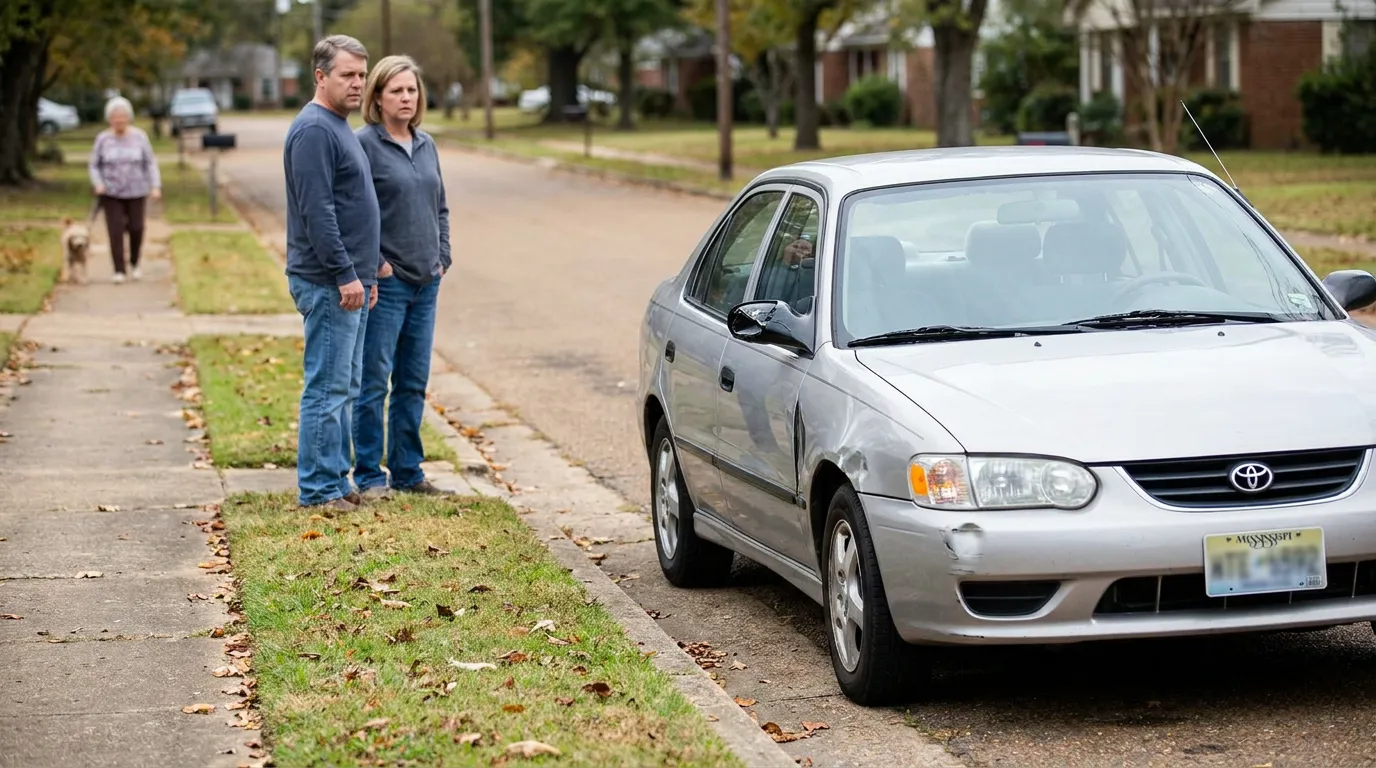 two people standing on sidewalk beside damaged Toyota sedan with Mississippi license plate