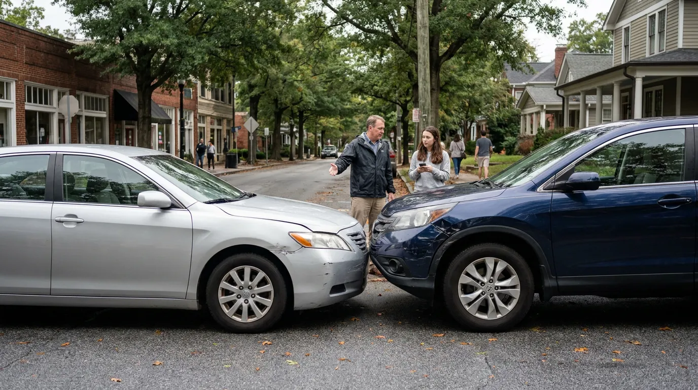 two drivers exchanging information after front-end vehicle collision on city street