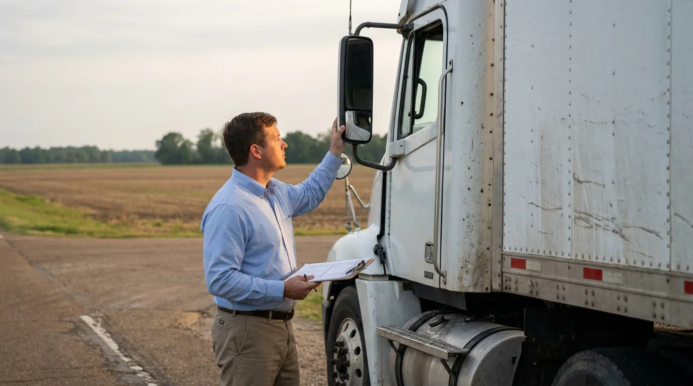 man holding clipboard inspecting side mirror of large commercial semi-truck roadside
