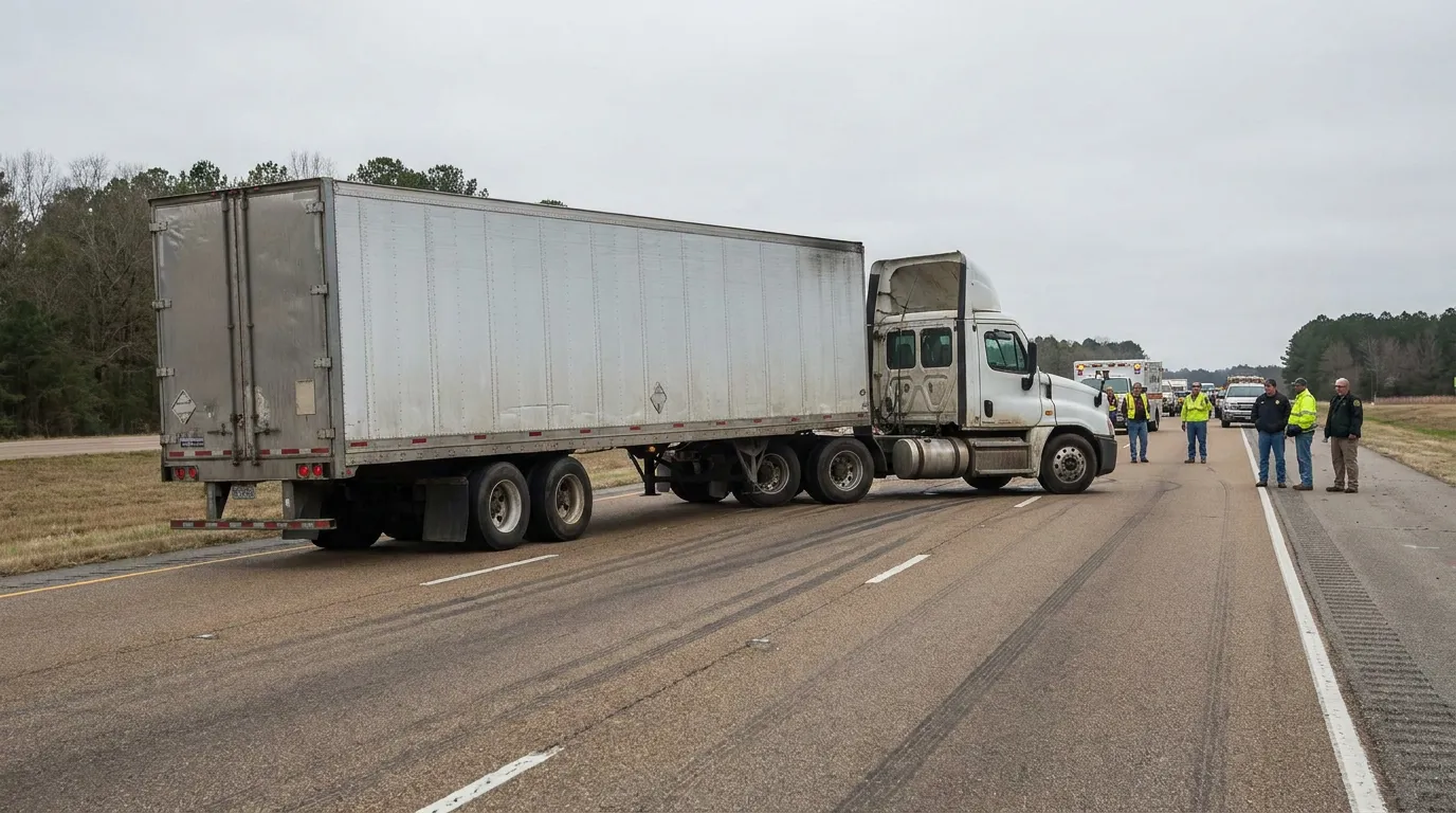 semi-truck stopped across highway with officials investigating roadside accident scene