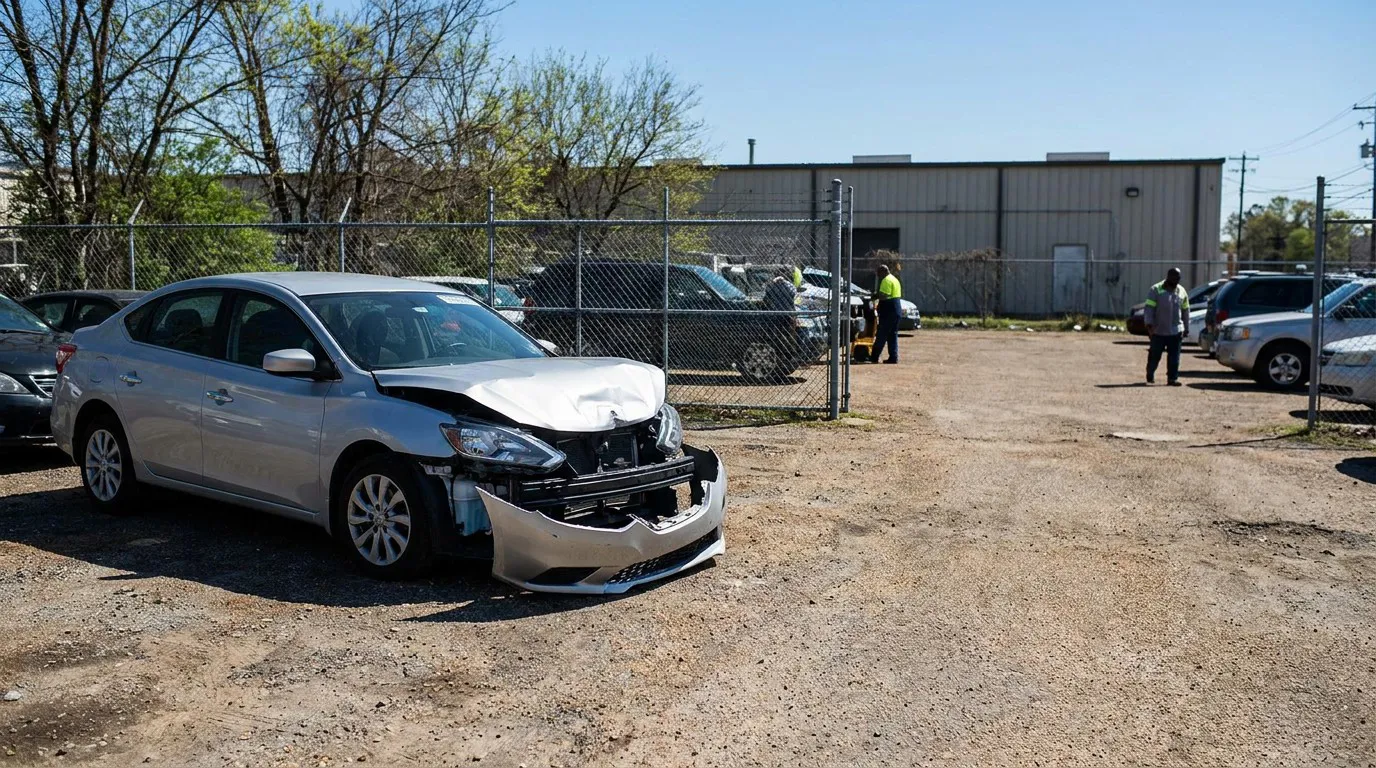 sedan with severe front-end collision damage parked in vehicle impound lot
