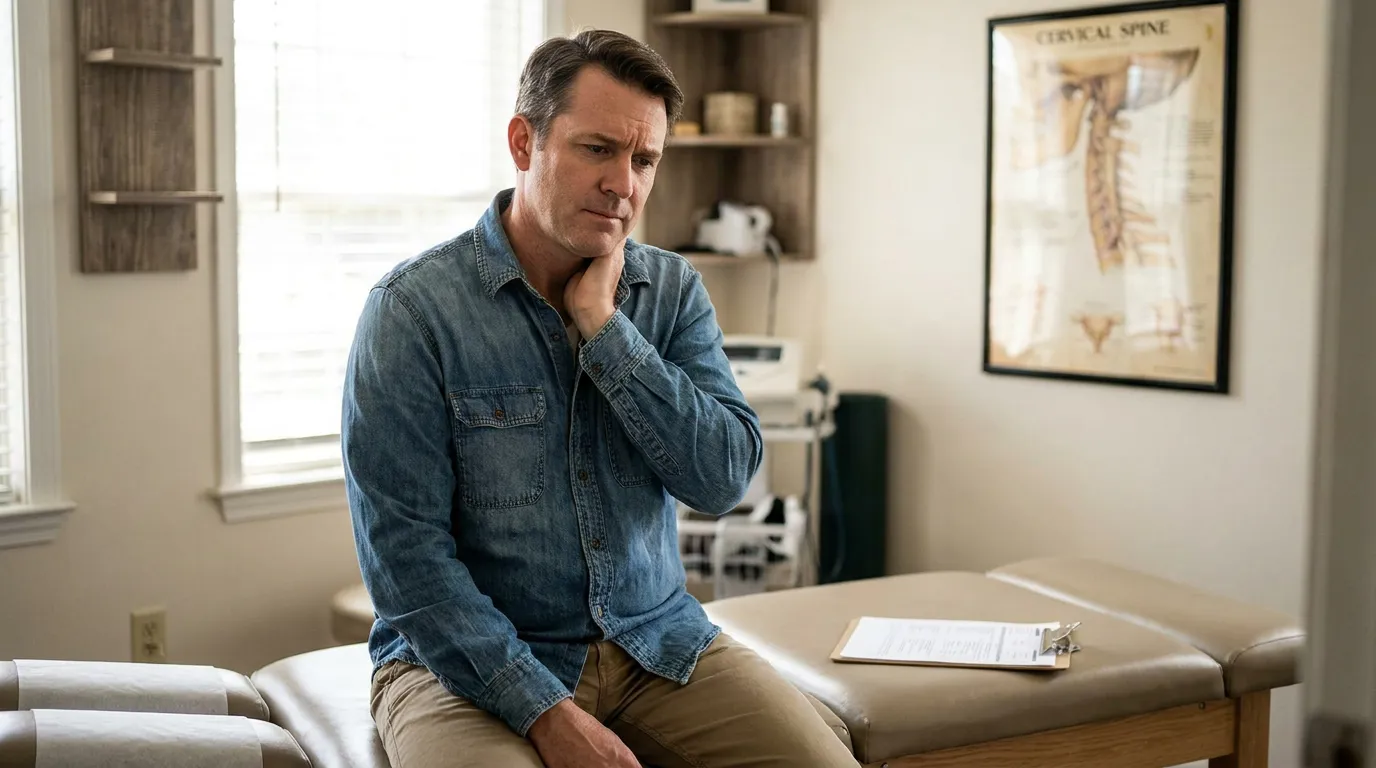 man holding neck sitting on medical exam table near cervical spine chart