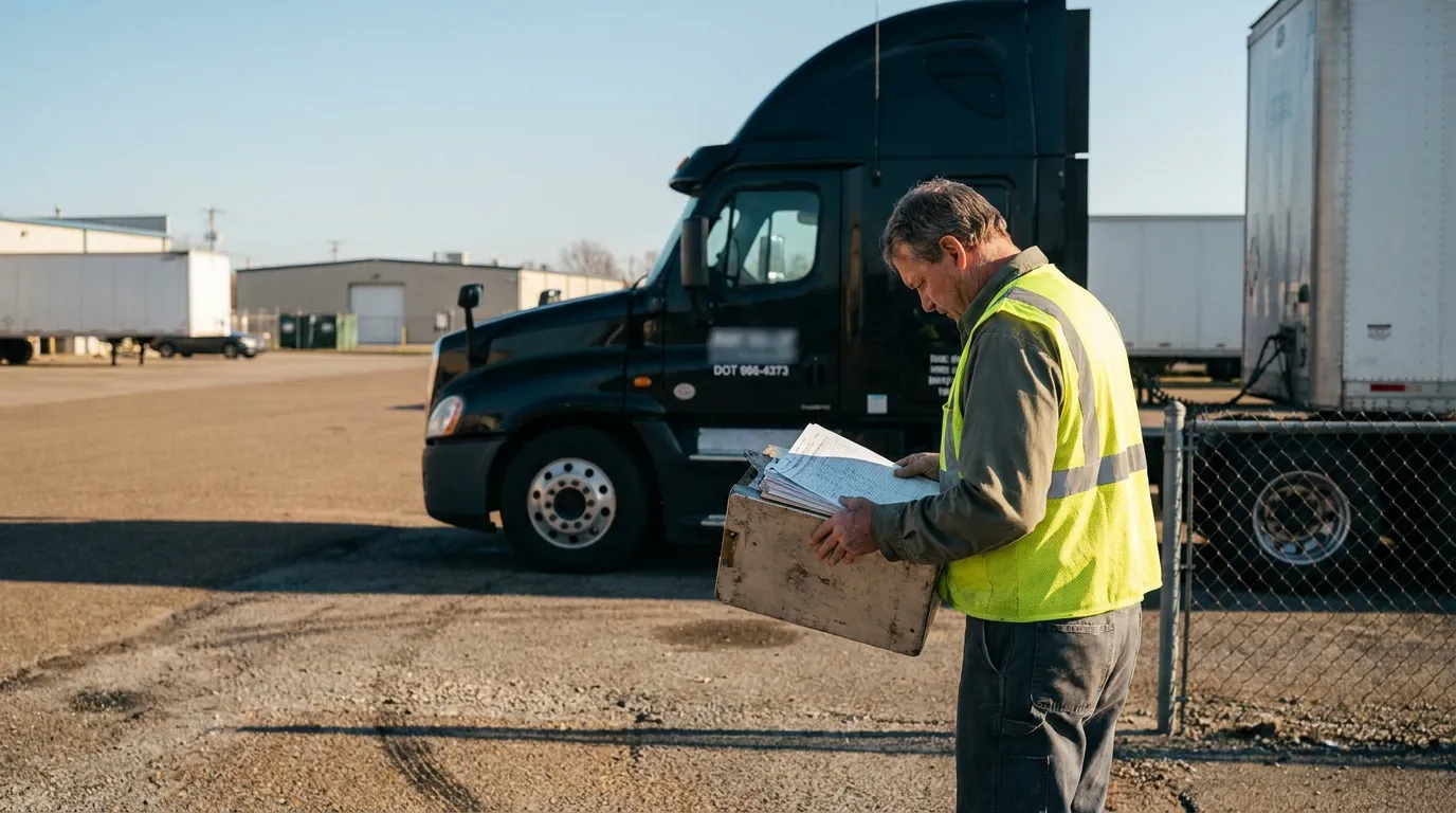truck driver in safety vest reviewing clipboard documents beside DOT-marked semi-truck